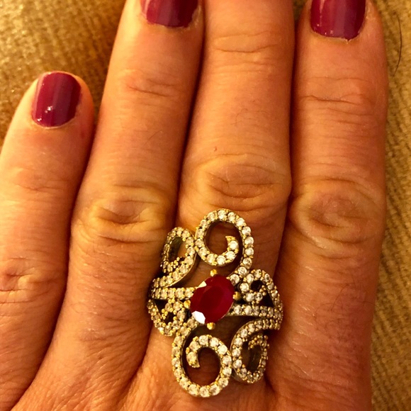 Silver & Bronze Ruby & Diamond Topaz Ring Size 8.5 - Picture 7 of 8